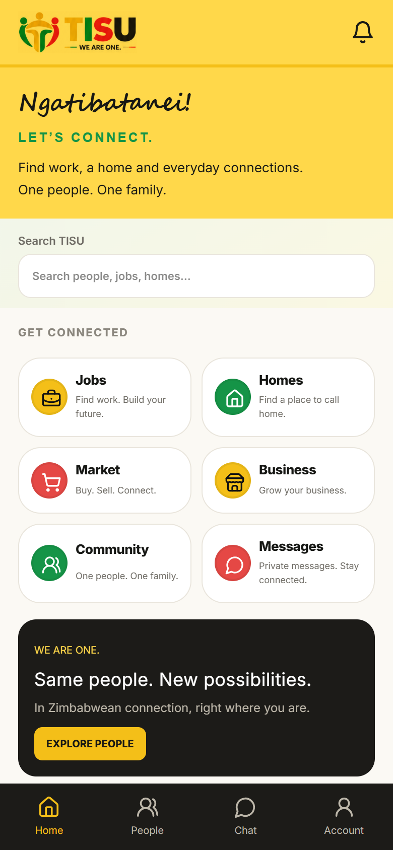 The live TISU light app: Ngatibatanei welcome, search, Jobs, Homes, Market, Business, Community and Chat.